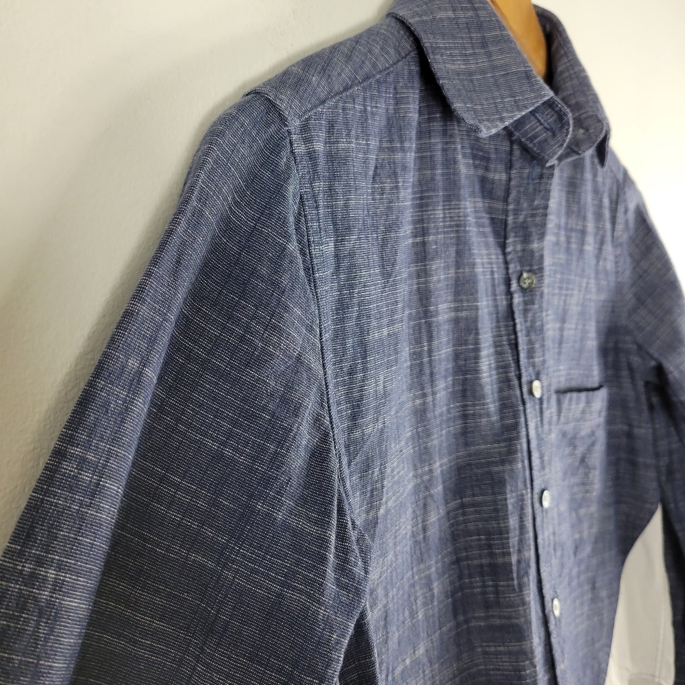 Marissa Webb Chambray White Colorblock Long Sleeve High Low Button Up Top - Picture 3 of 8